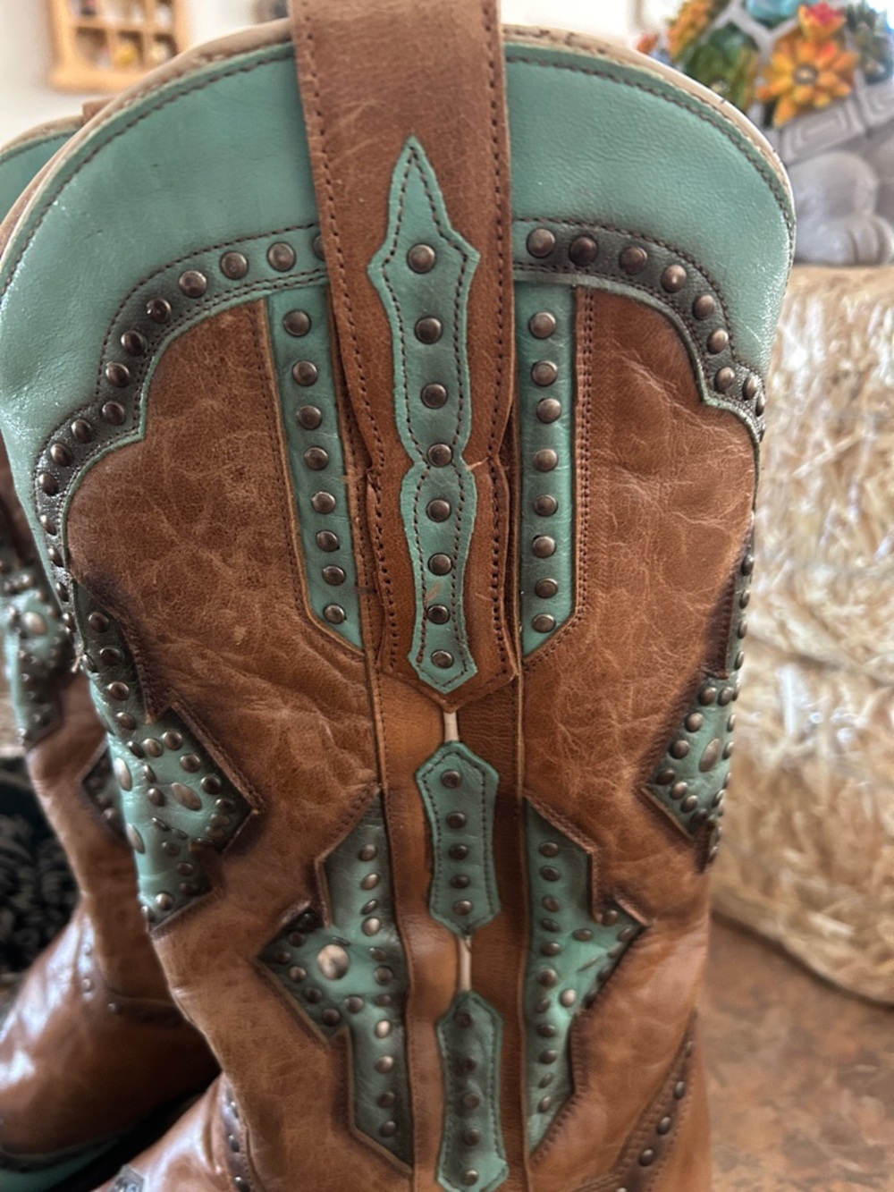 Dan Post Women’s Leather Brown and Turquoise Studded Western Boots - Picture 3 of 12